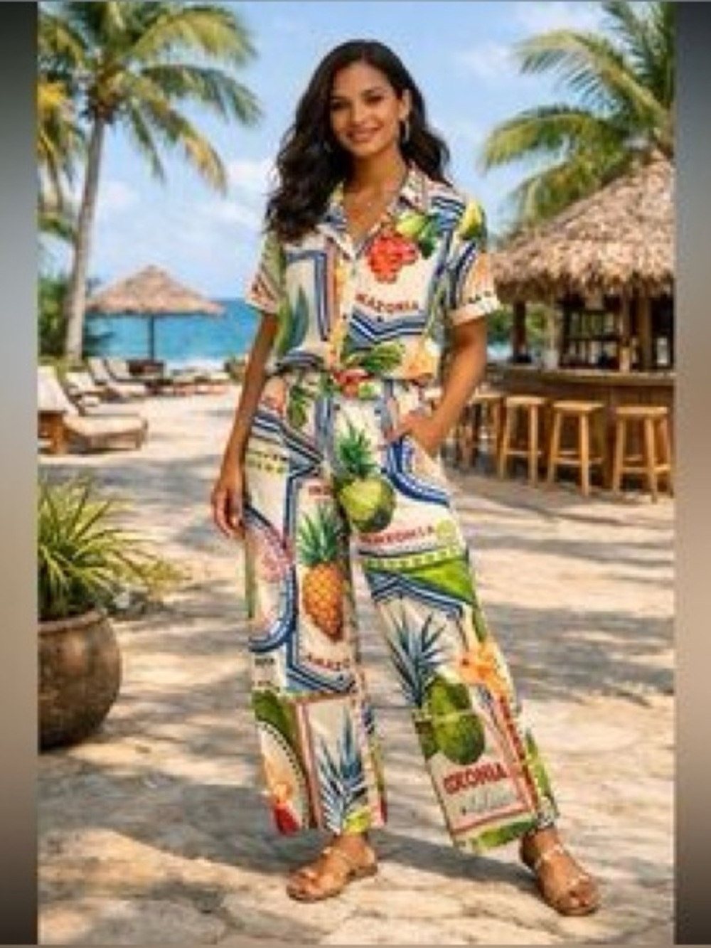 Rachel Zoe Tropical Print Wide-Leg Pants and Button Down Set - Picture 3 of 7